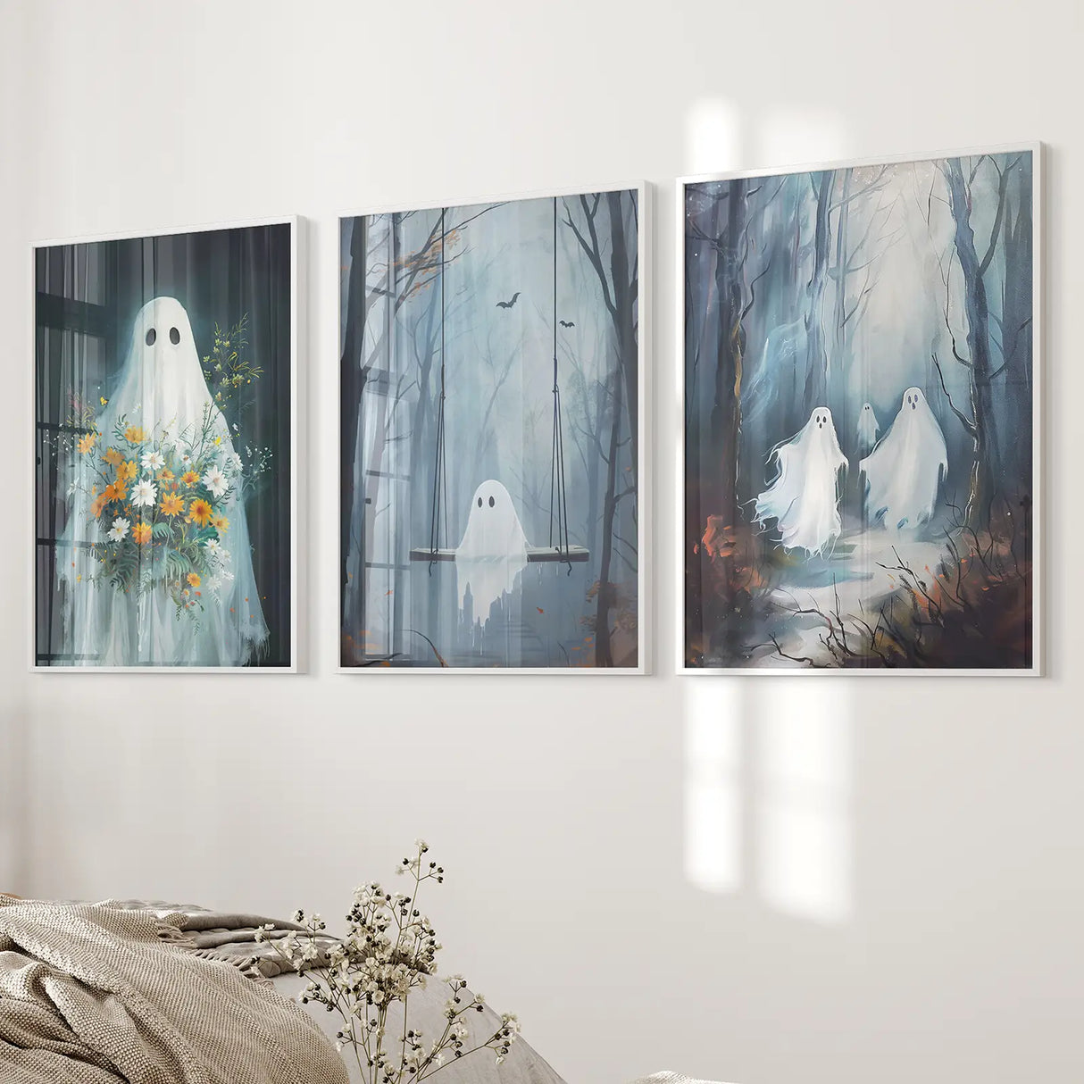 Cute Ghosts Halloween Art Print Gothic Decor Set
