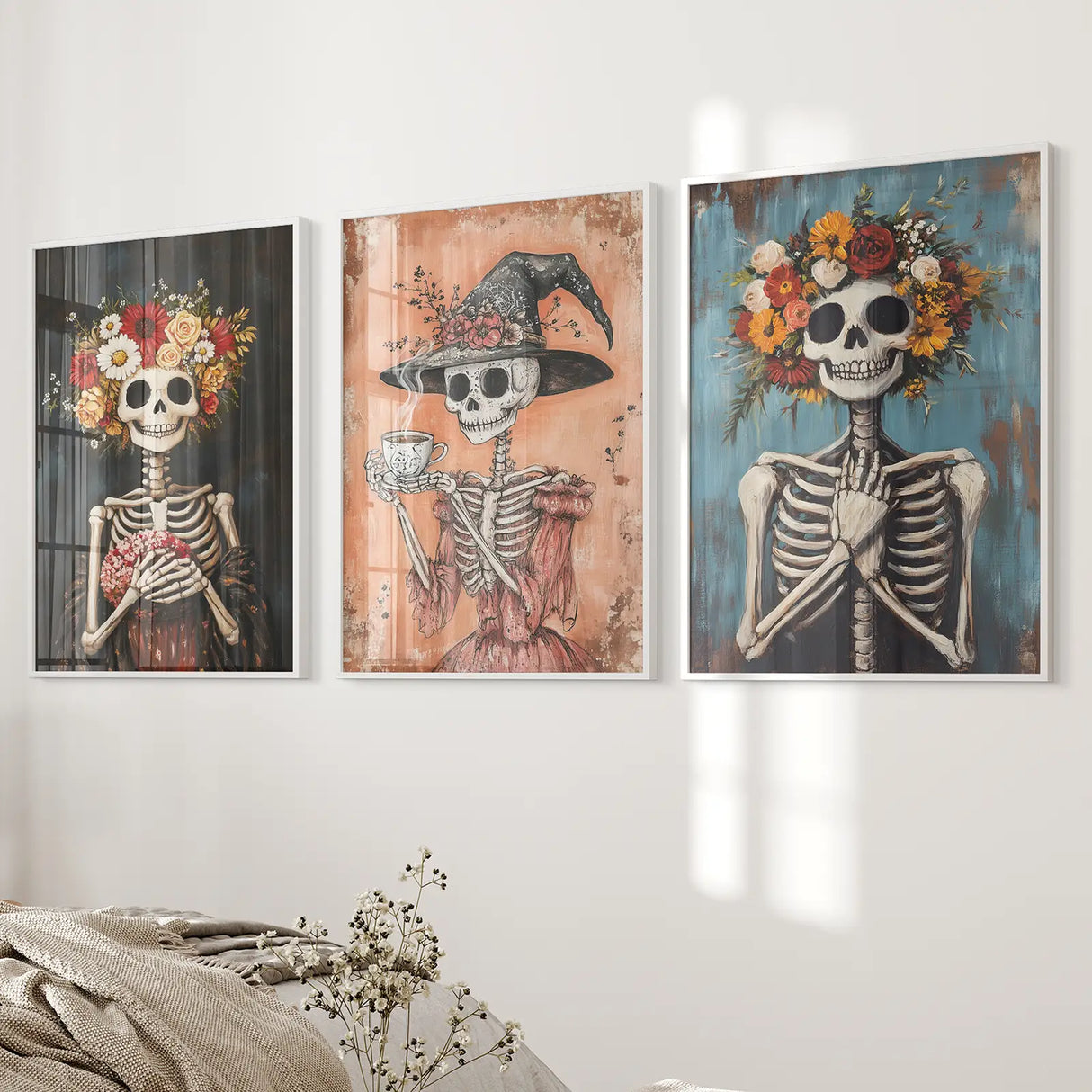 Cozy Floral Skeleton Wall Art Decor Poster Set