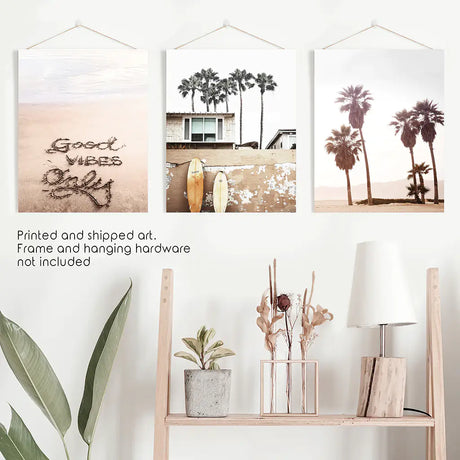 Boho Style Coastal Wall Decor. Good Vibes, Palm Trees, Surf