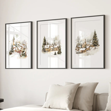 Vintage Snowy Christmas Set of 3 Wall Decor Prints