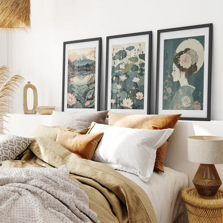 Japanese Nature Wall Art Set. Geisha Poster, Fuji Mountain