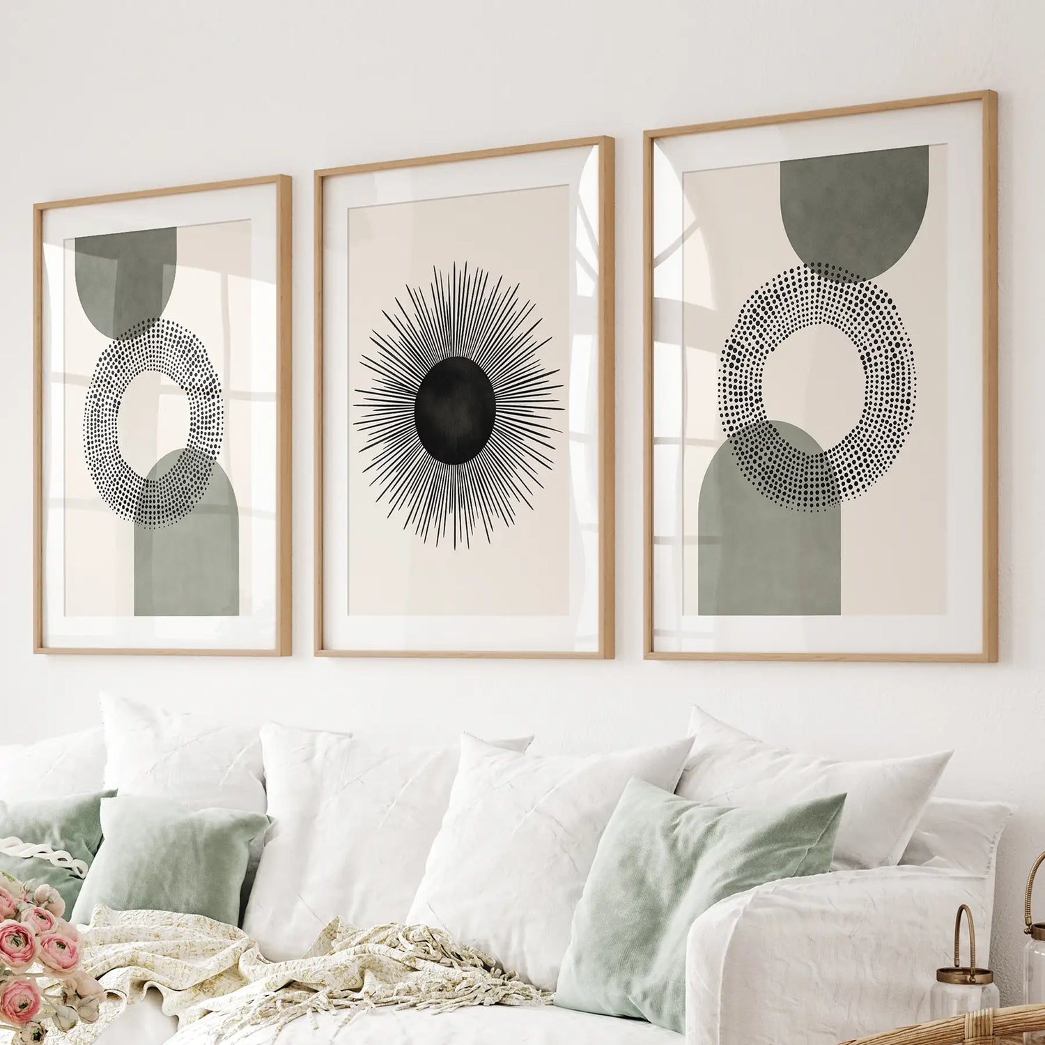 Set of 3 Boho Prints. Sage Green Modern Mid Century Wall Art.