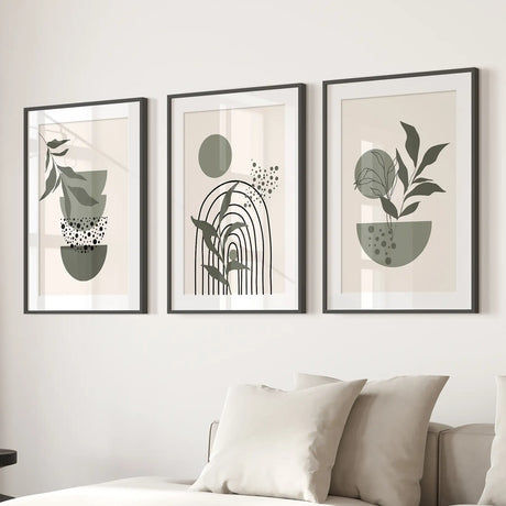 3 Piece Boho Wall Art Prints. Green Mid-Century Abstract Decor