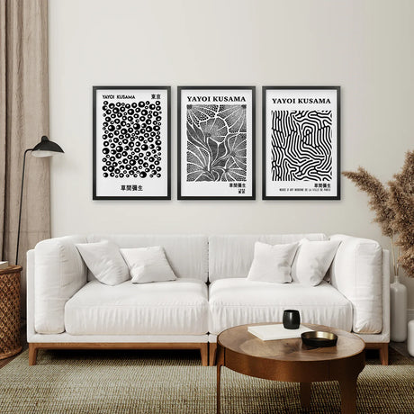 Black White set of 3 Piece Abstract Kusama Art