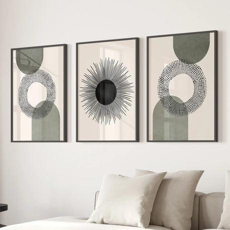 Set of 3 Boho Prints. Sage Green Modern Mid Century Wall Art.