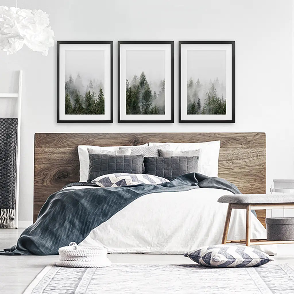 Pine Tree Foggy Forest Triptych. Nordic Wall Decor