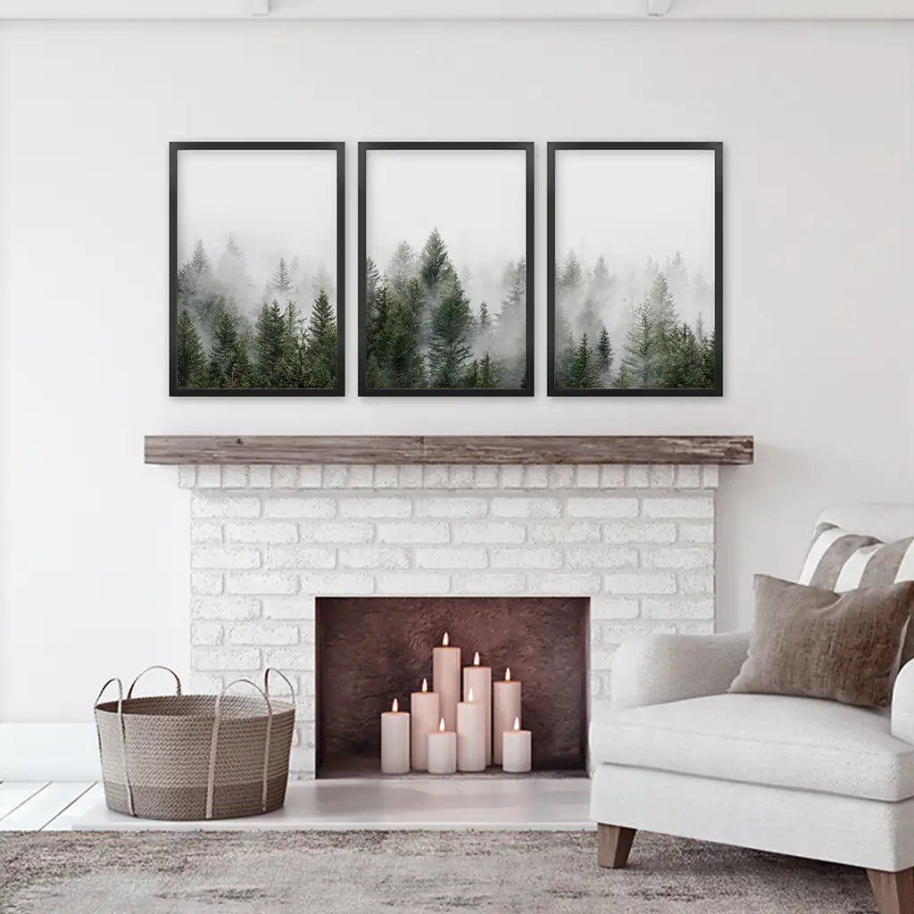 Pine Tree Foggy Forest Triptych. Nordic Wall Decor