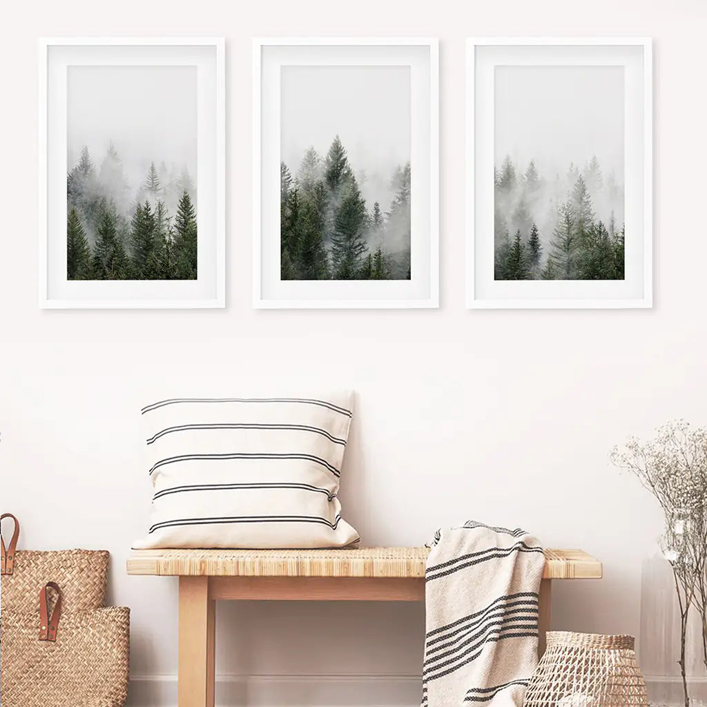 Pine Tree Foggy Forest Triptych. Nordic Wall Decor