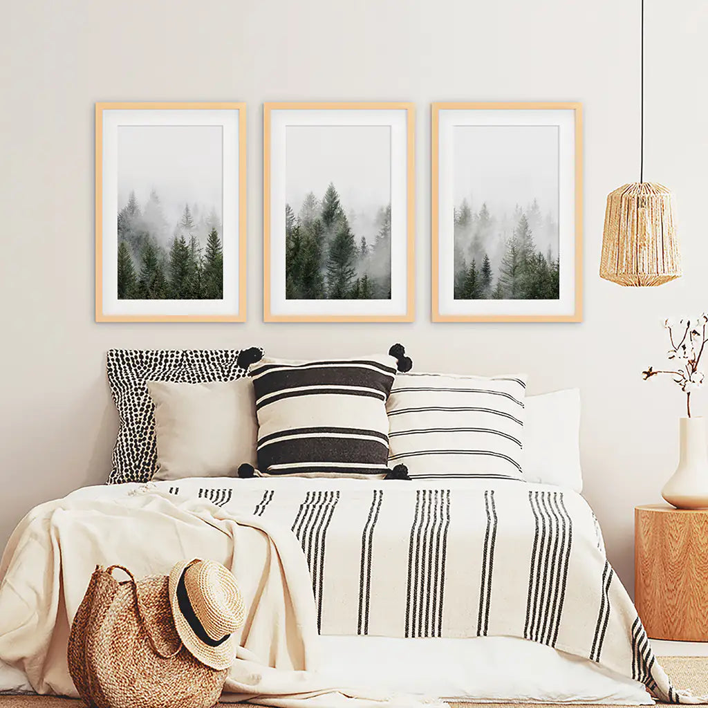 Pine Tree Foggy Forest Triptych. Nordic Wall Decor