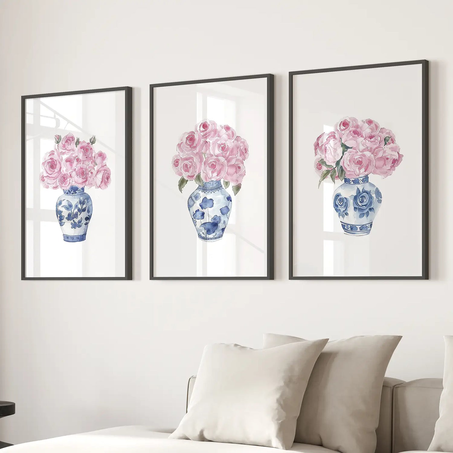 Blue Chinoiserie Watercolor Roses Art Print Set