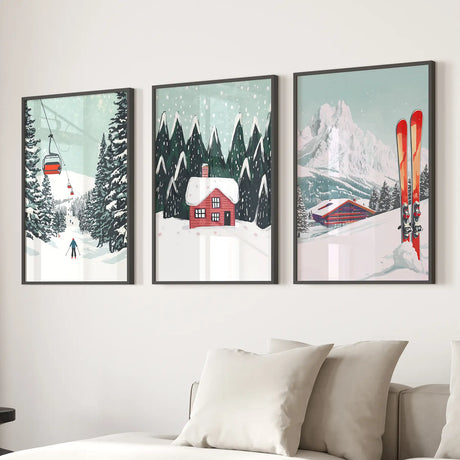 Ski Lifts, Cozy Cabin, and Snowy Peaks Wall Art