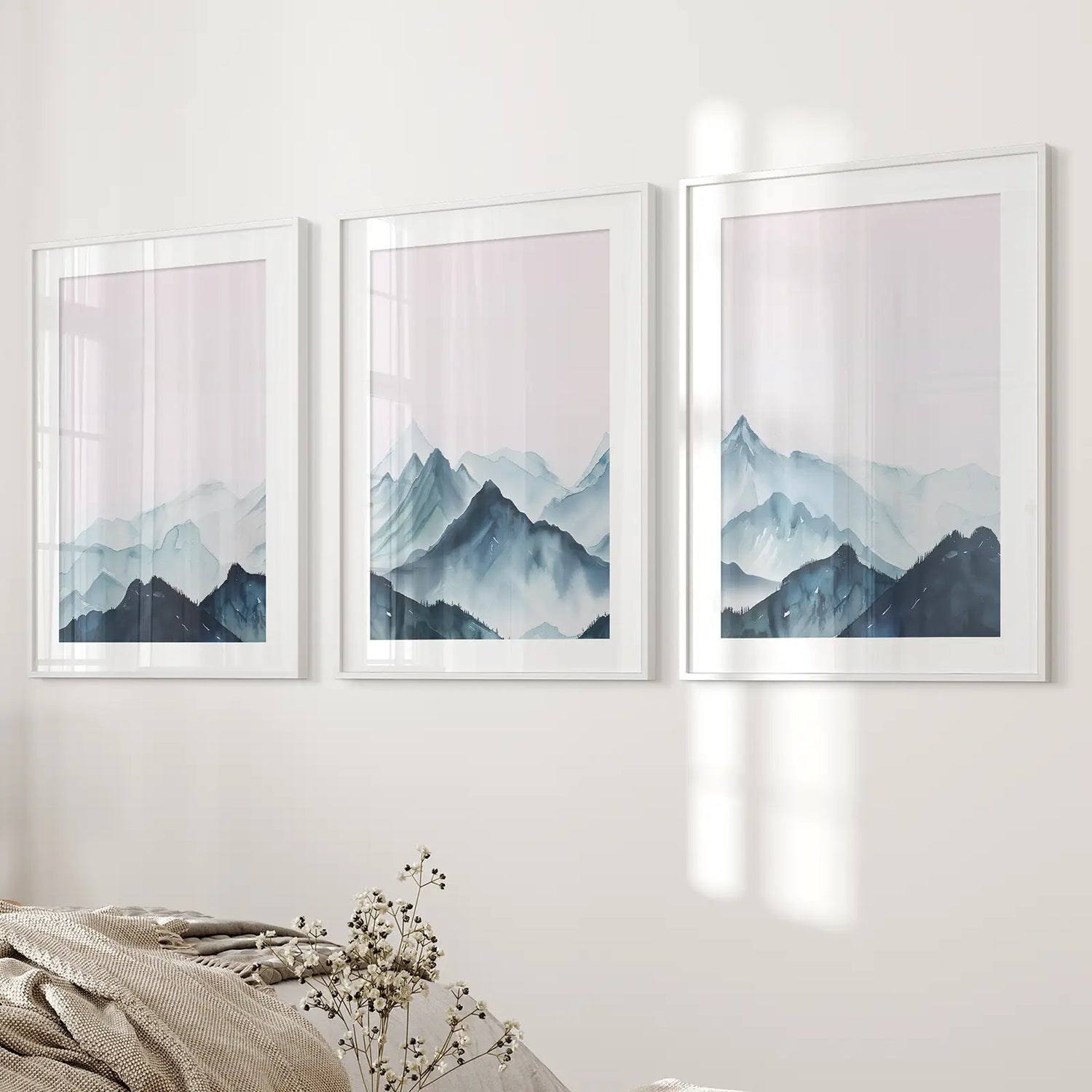 Modern Blue Watercolor Mountain Landscape Prints