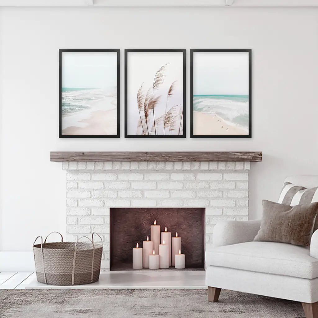 Coastal Boho Wall Art. Beach Pampas Grass, Blue Ocean Waves