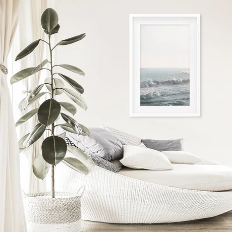 Pink Sunset and Ocean Waves Print. Coastal Wall Art