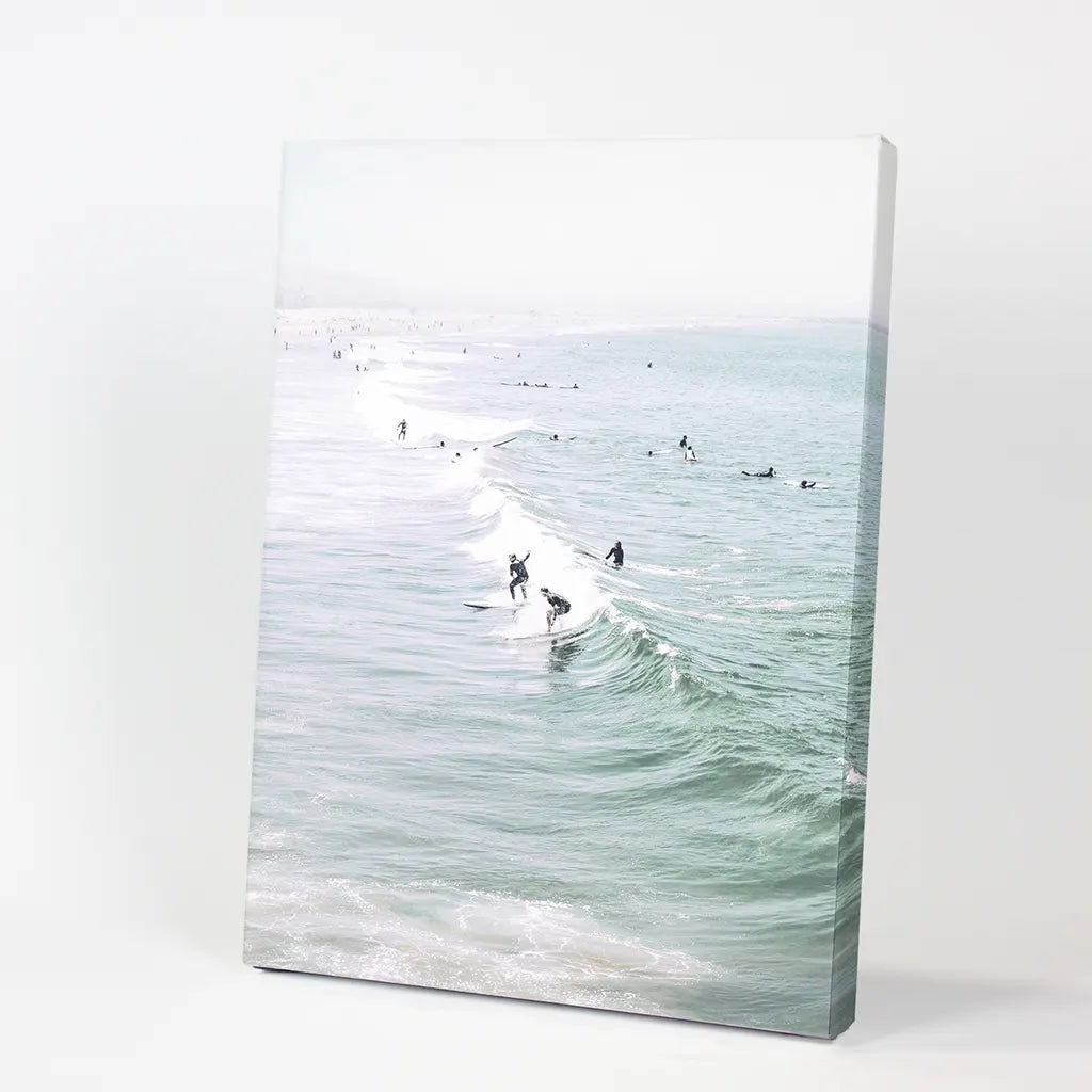 Pastel California Beach Print. Surfers and Ocean Waves