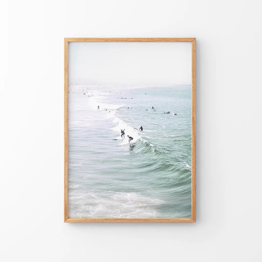 Pastel California Beach Print. Surfers and Ocean Waves