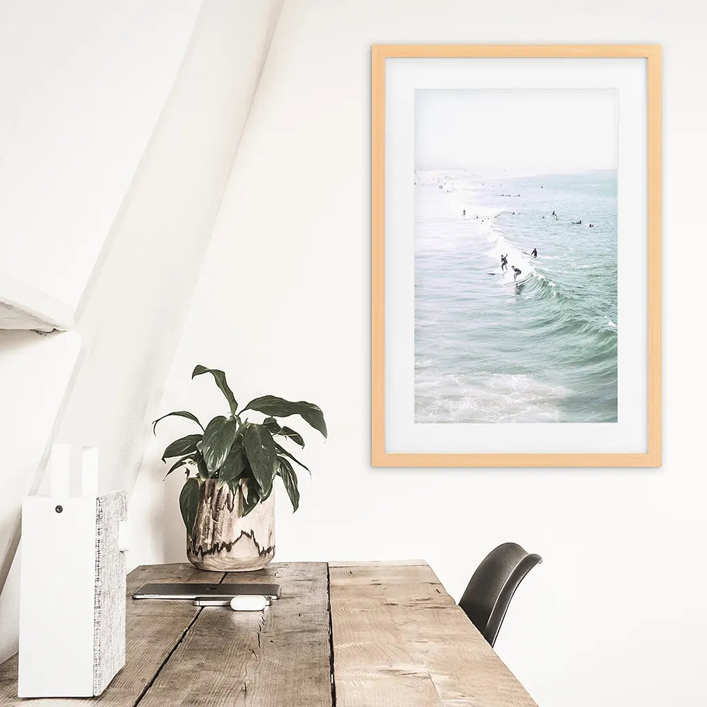 Pastel California Beach Print. Surfers and Ocean Waves