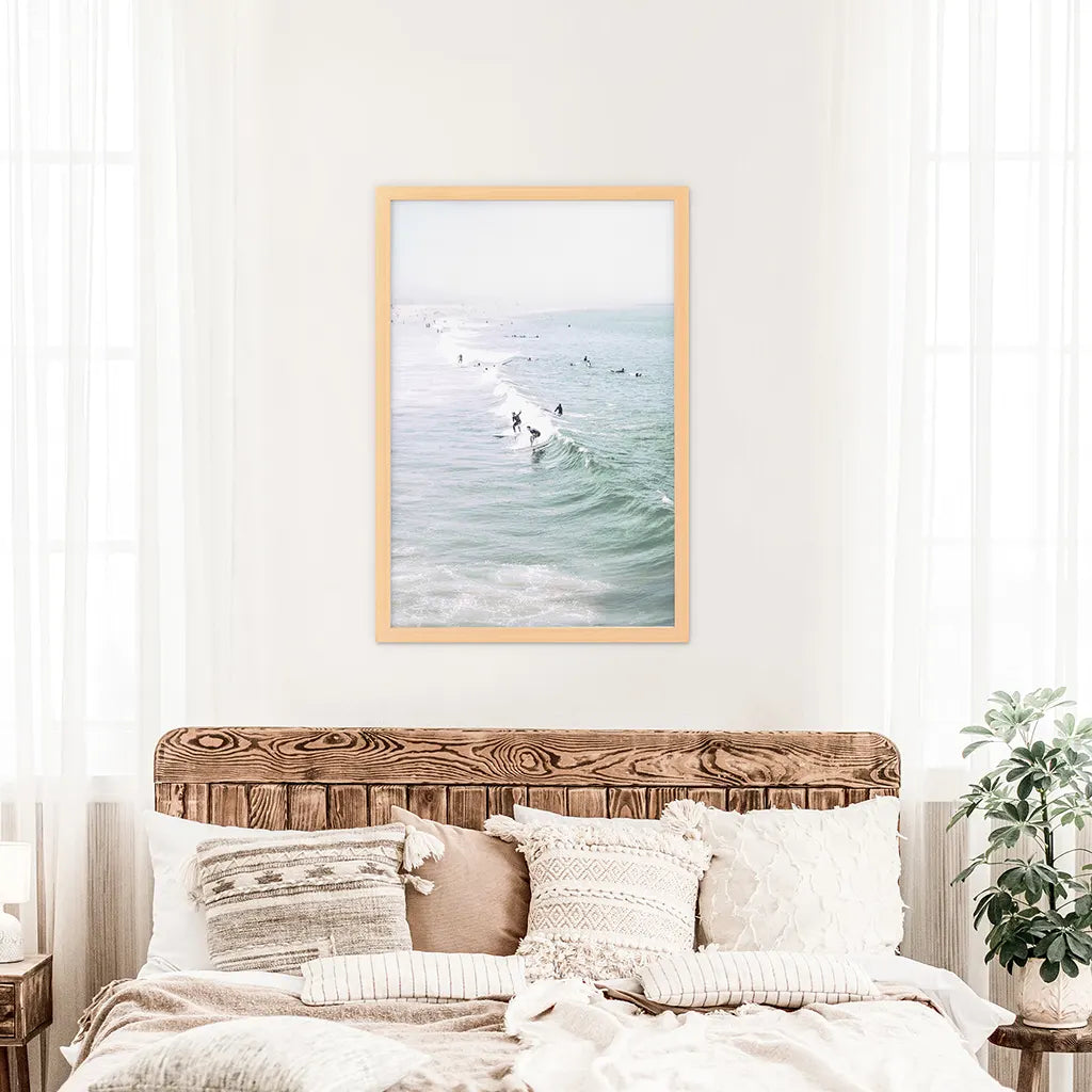 Pastel California Beach Print. Surfers and Ocean Waves