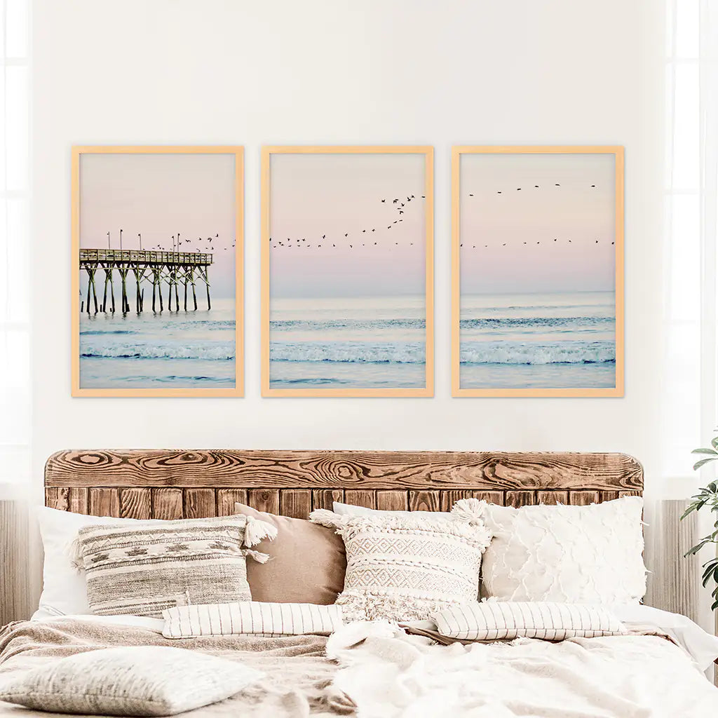 Pink Ocean Sunset Triptych. Wooden Pier, Waves, Seagulls