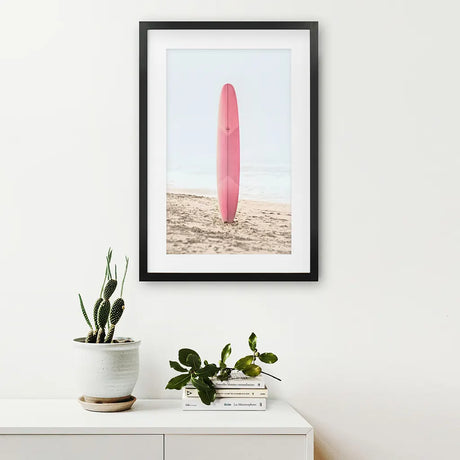 Pink Surfboard on a Sandy Beach Print. California Summer