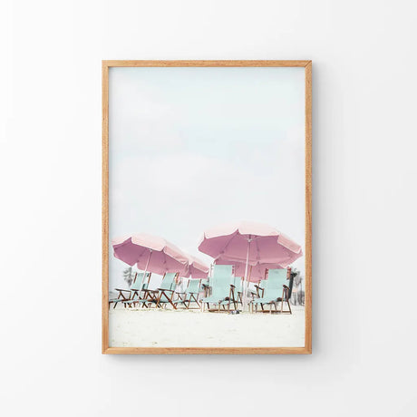 Pink Umbrella Wall Art Print. Summer Beach Theme