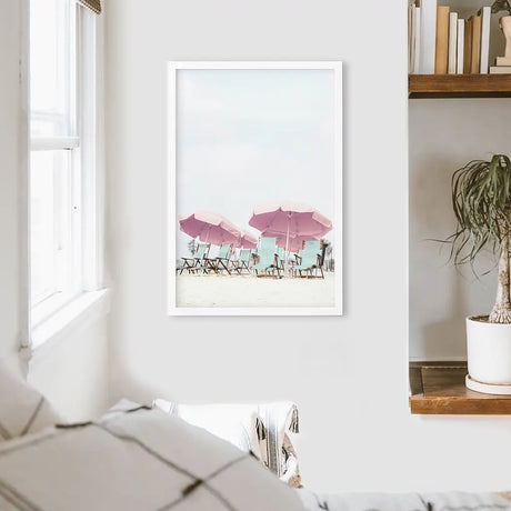 Pink Umbrella Wall Art Print. Summer Beach Theme