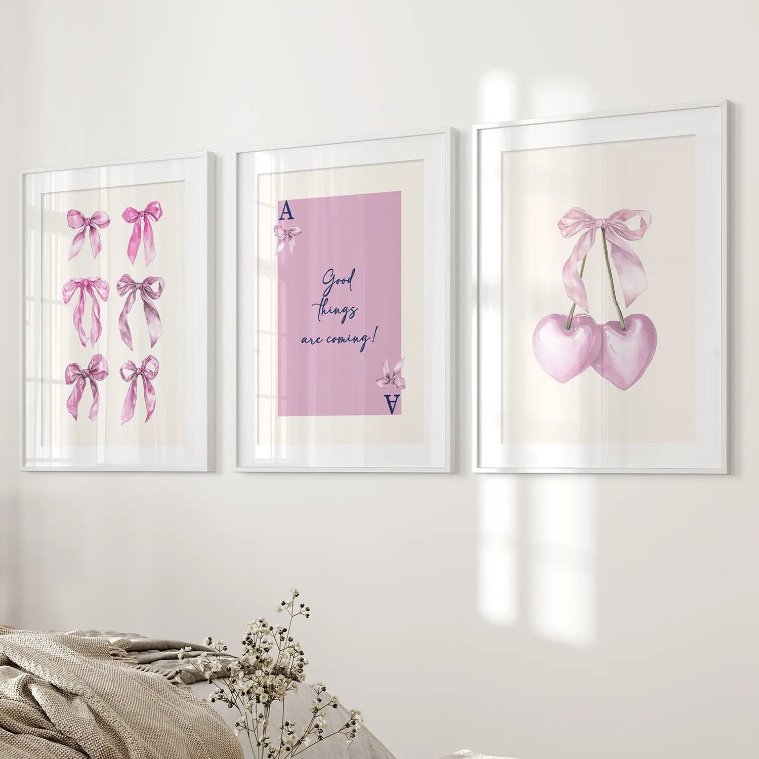 Trendy Pink Bows Wall Art Girly Print Decor Set