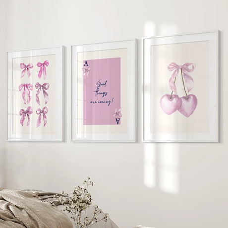 Trendy Pink Bows Wall Art Girly Print Decor Set