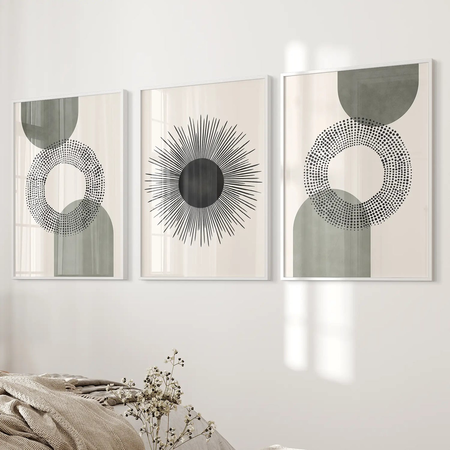 Set of 3 Boho Prints. Sage Green Modern Mid Century Wall Art.