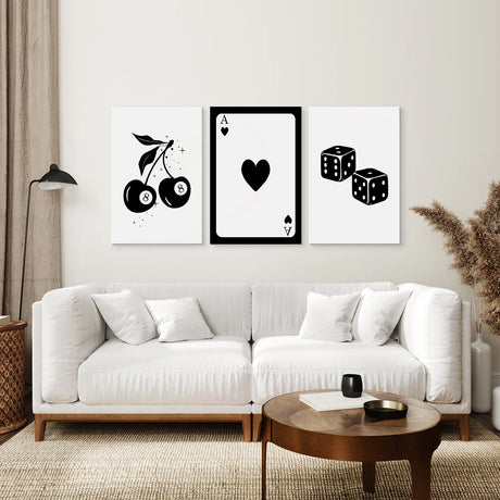 Set of Three Piece Playing Cards Black and White Decor