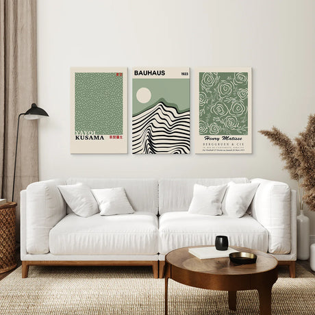 Sage Green Exhibition Art Set of 3 Prints. Bauhaus, Kusama, Matisse