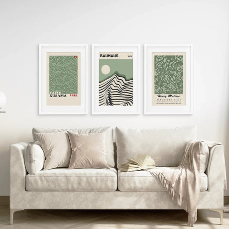 Sage Green Exhibition Art Set of 3 Prints. Bauhaus, Kusama, Matisse