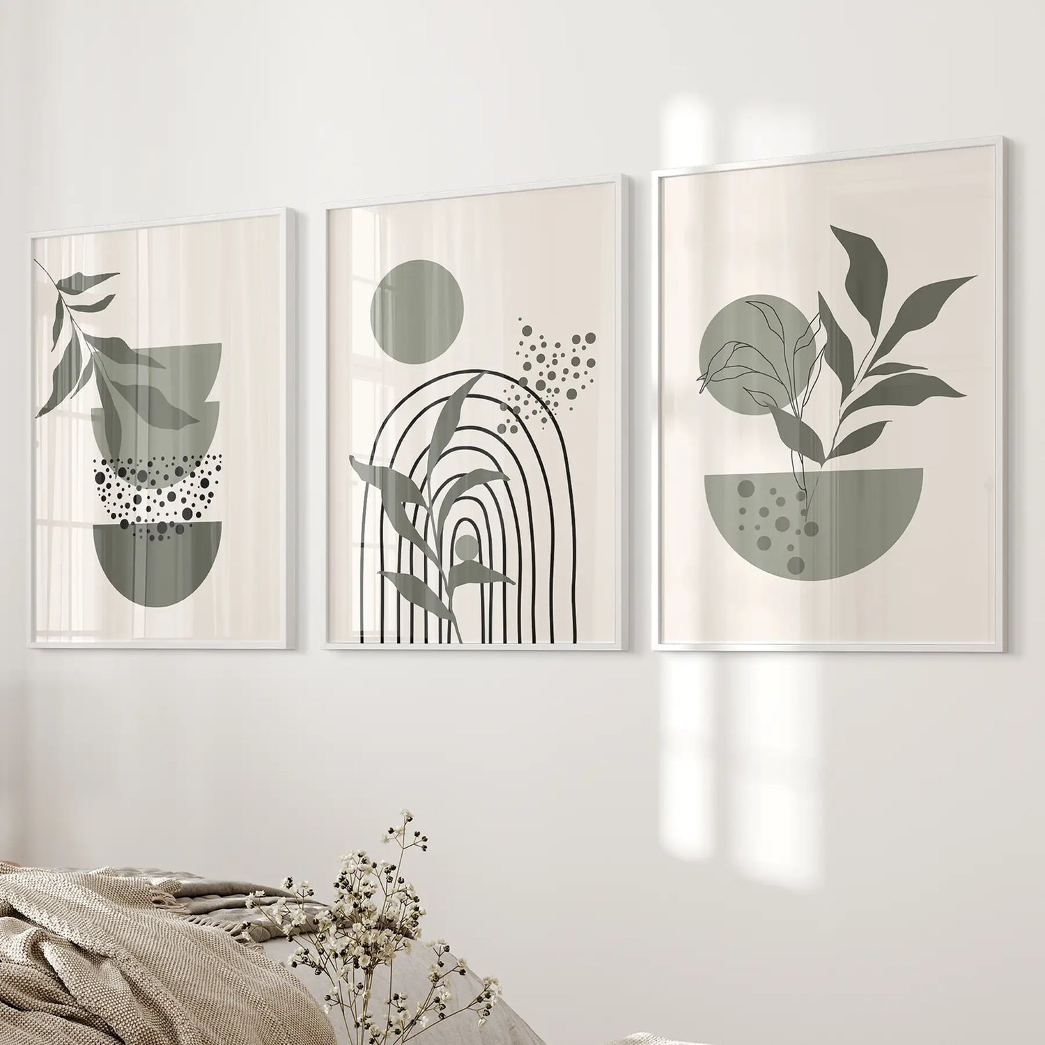3 Piece Boho Wall Art Prints. Green Mid-Century Abstract Decor