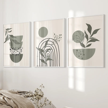 3 Piece Boho Wall Art Prints. Green Mid-Century Abstract Decor