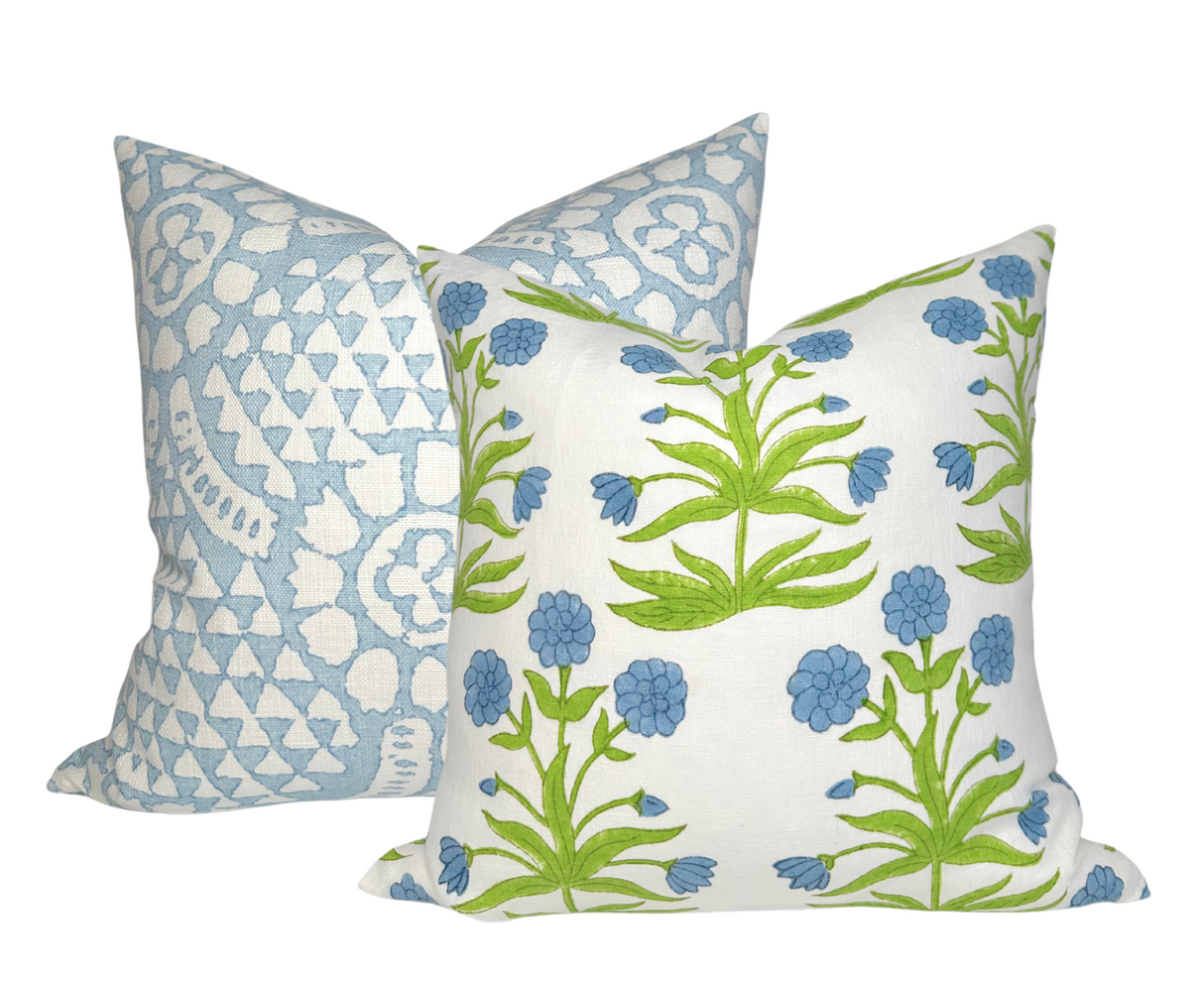Mughal Pillow Cover in Sky Blue and Pistachio, Schumacher Textiles