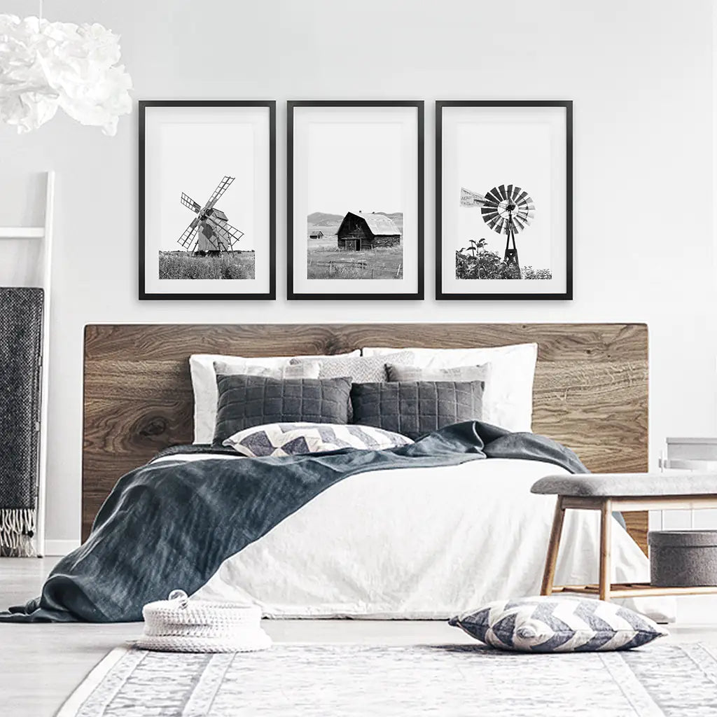 Black White Set of 3 Farm Style Prints. Windmill, Barn, Vane
