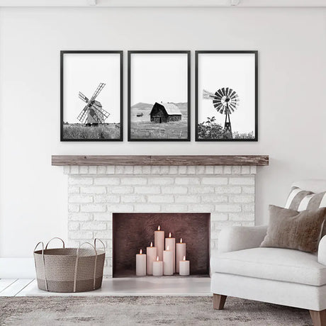 Black White Set of 3 Farm Style Prints. Windmill, Barn, Vane