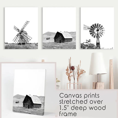 Black White Set of 3 Farm Style Prints. Windmill, Barn, Vane