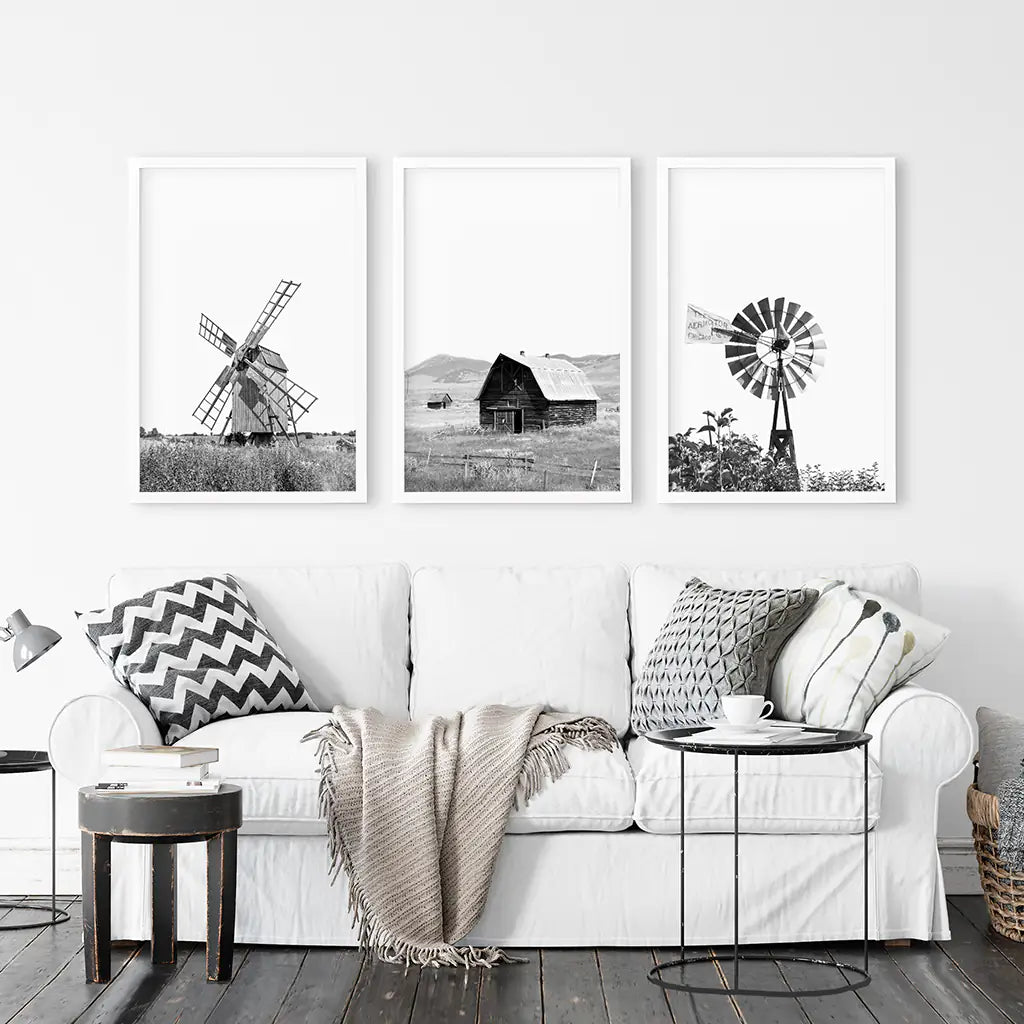 Black White Set of 3 Farm Style Prints. Windmill, Barn, Vane