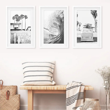 Black White California Surfing Prints. Van, Ocean Wave, Surfboards