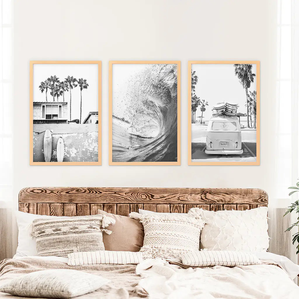 Black White California Surfing Prints. Van, Ocean Wave, Surfboards