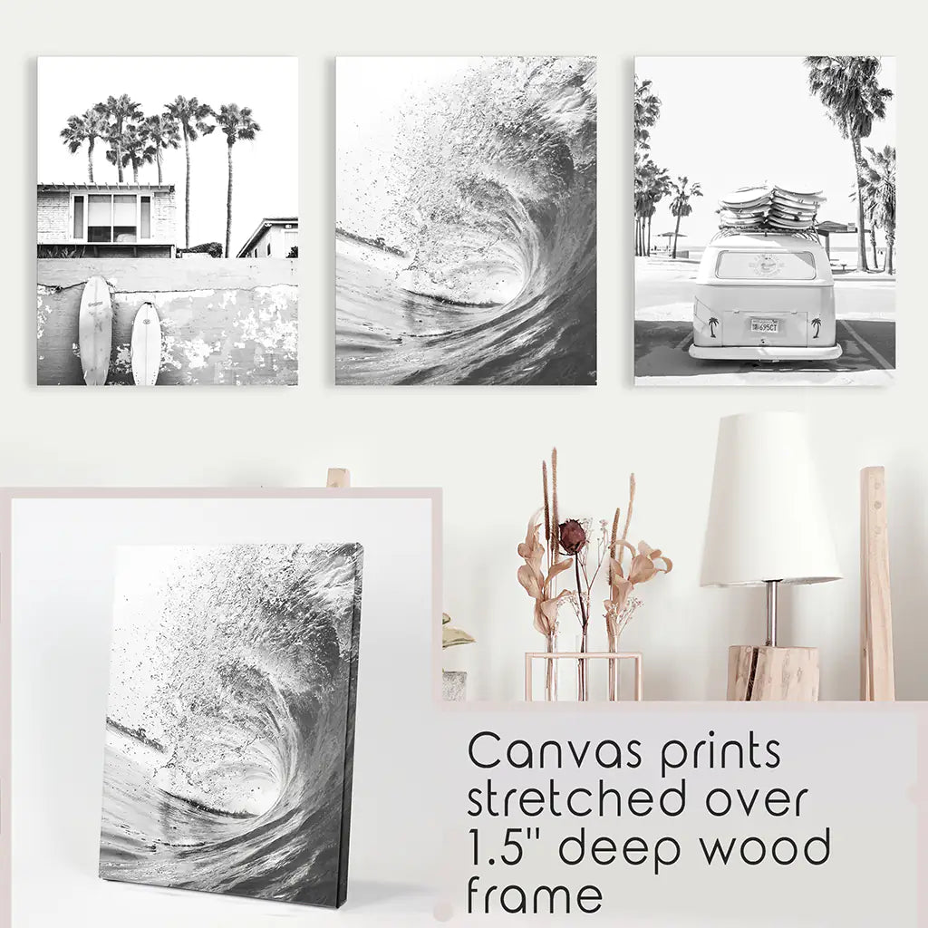 Black White California Surfing Prints. Van, Ocean Wave, Surfboards