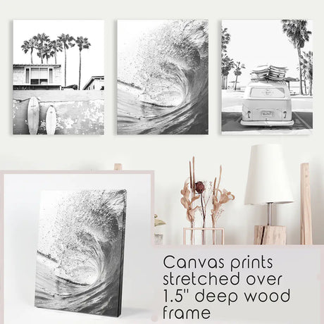 Black White California Surfing Prints. Van, Ocean Wave, Surfboards