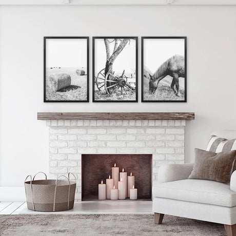 Black White Farm House Wall Décor. Horse, Hay Bales