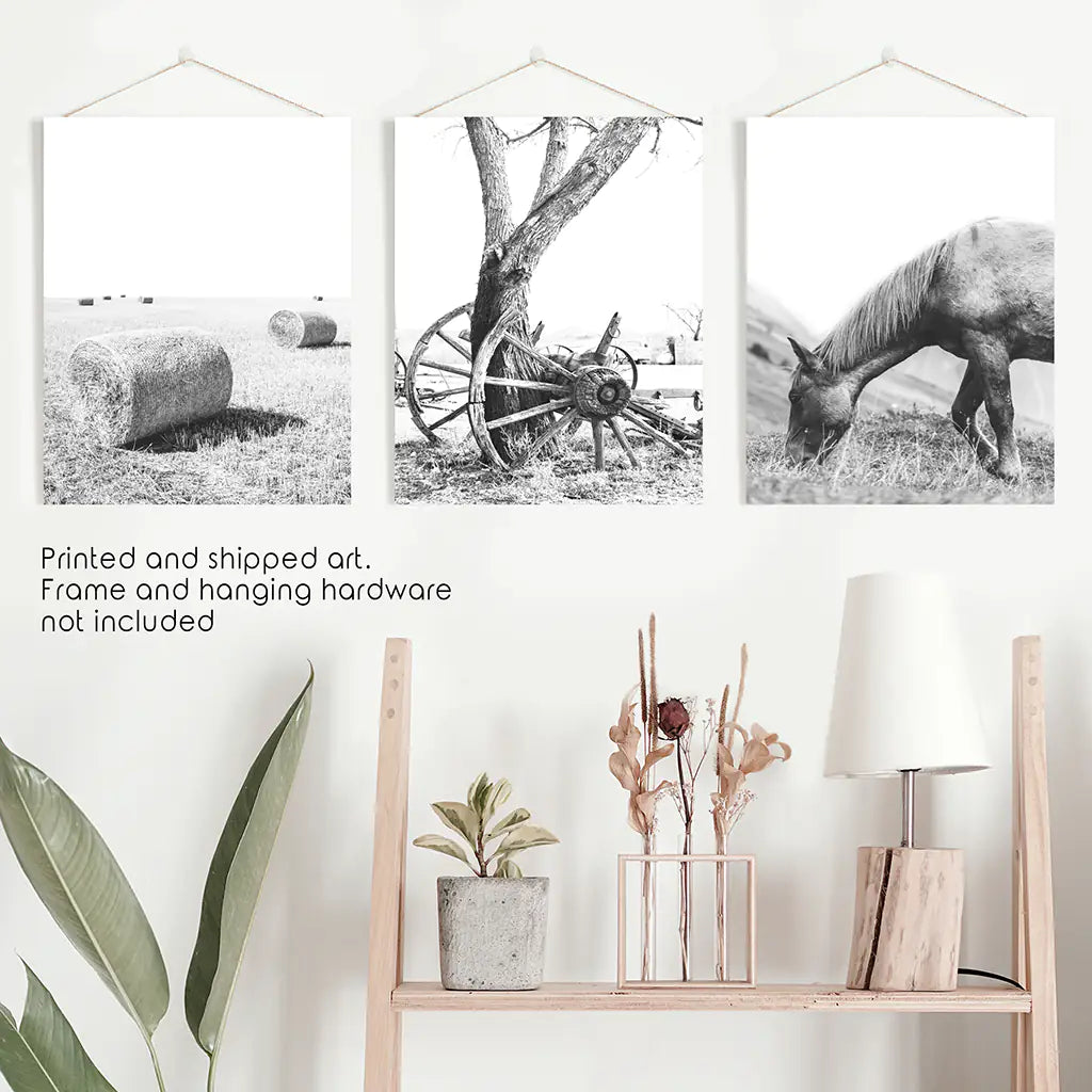 Black White Farm House Wall Décor. Horse, Hay Bales