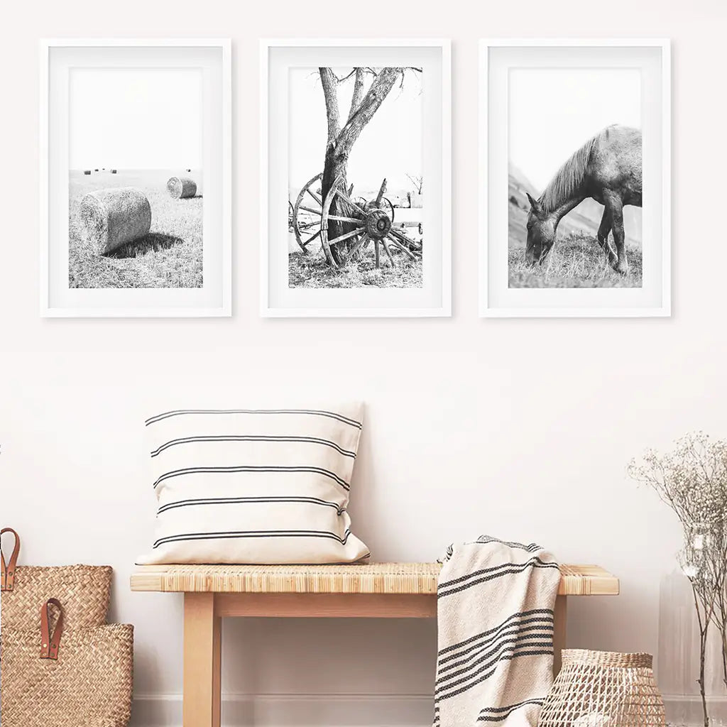 Black White Farm House Wall Décor. Horse, Hay Bales
