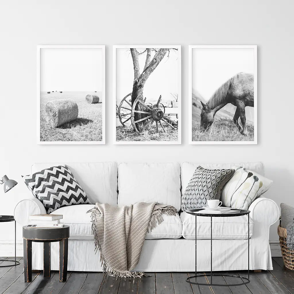 Black White Farm House Wall Décor. Horse, Hay Bales