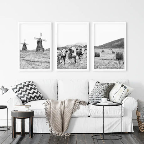 Farmhouse Black White Wall Art. Windmill, 3 Cows, Hay Bales
