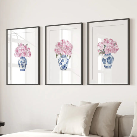 Blue Chinoiserie Watercolor Roses Art Print Set