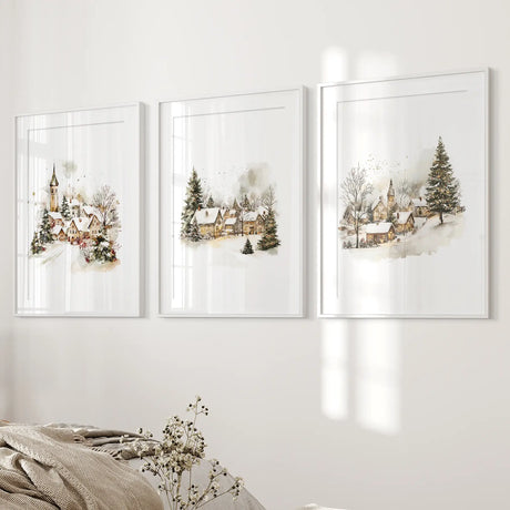 Vintage Snowy Christmas Set of 3 Wall Decor Prints